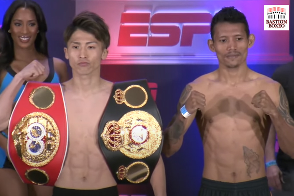 Naoya Inoue y Michael Dasmariñas posan tras el pesaje para su combate
