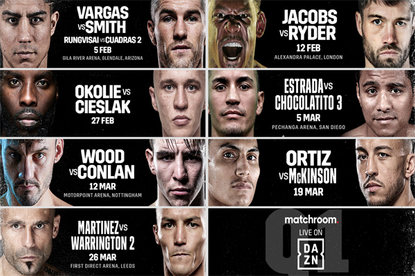 Matchroom Boxing y DAZN confirman siete eventos entre febrero y marzo: Vargas-Smith, Estrada-Chocolatito 3, Kiko vs. Warrington, etc.