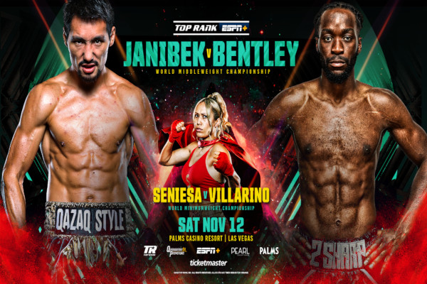 El campeón mundial WBO del peso medio Janibek Alimkhanuly expondrá contra Denzel Bentley. Seniesa Estrada en el semifondo